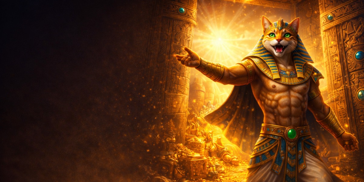 Pharao-Katze, das Maskottchen von FelixSpin, vor goldenem Hintergrund
