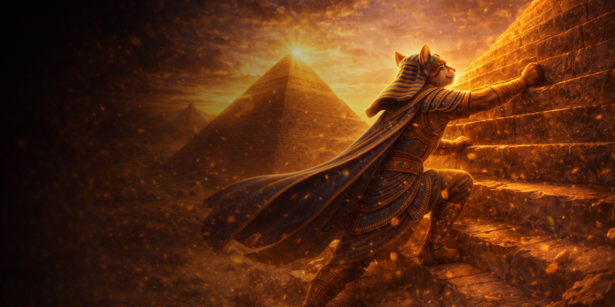 Pharao-Katze vor einer Pyramide, passend zu den Books mit antiken Motiven